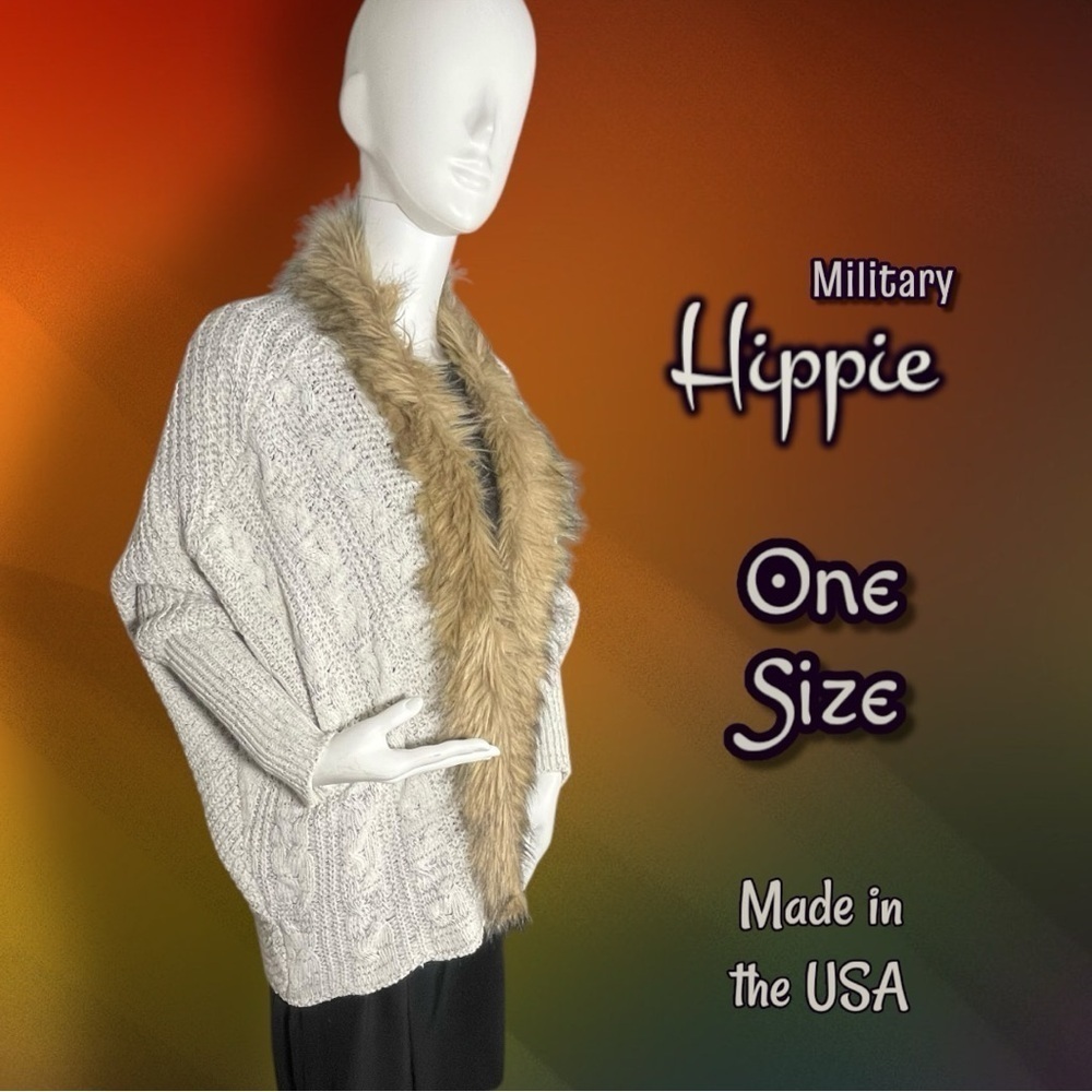 Military Hippie Faux Fur Collar Poncho Cape Batwing Cardigan Sweater Women's OS